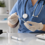 Profissional de saúde preparando uma aplicação de insulina em ambiente clínico, sem textos, números ou marcas visíveis