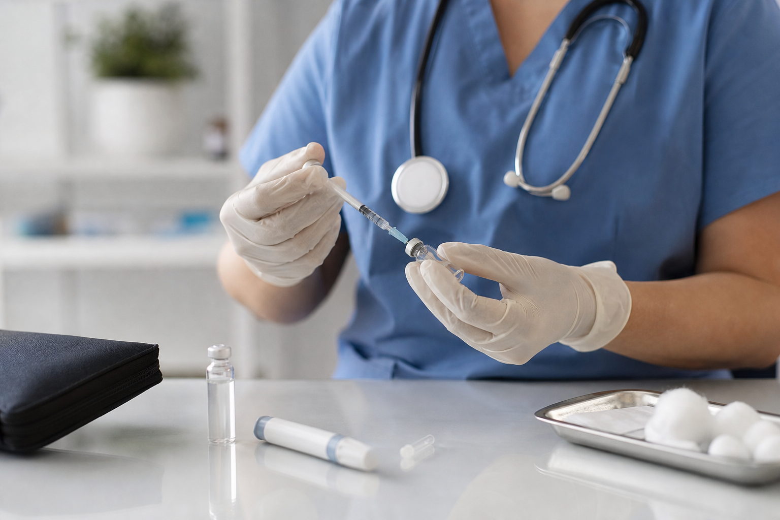 Profissional de saúde preparando uma aplicação de insulina em ambiente clínico, sem textos, números ou marcas visíveis